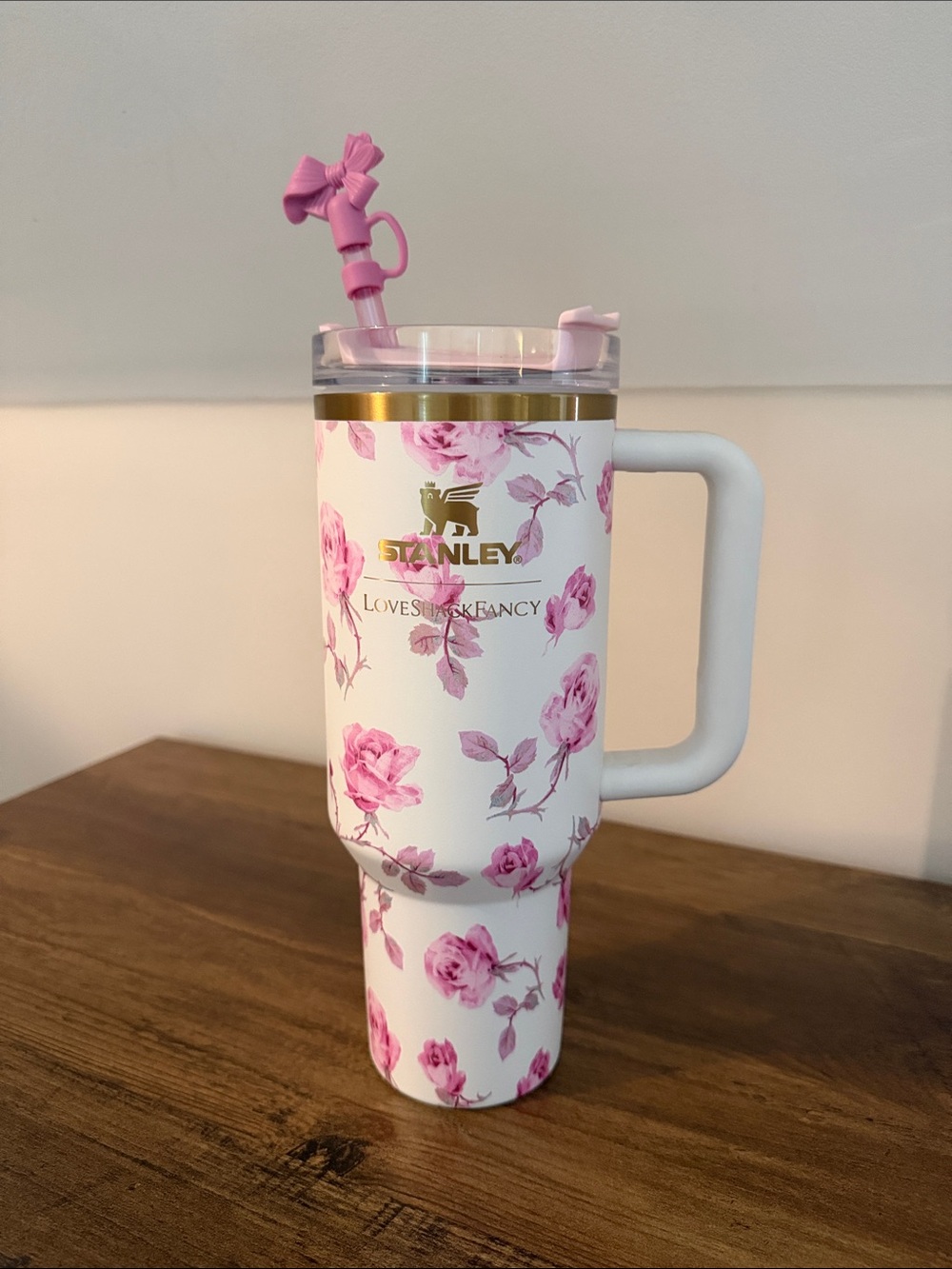 Stanley Pink Love Shack Fancy Mug with Handle and Gold Logo